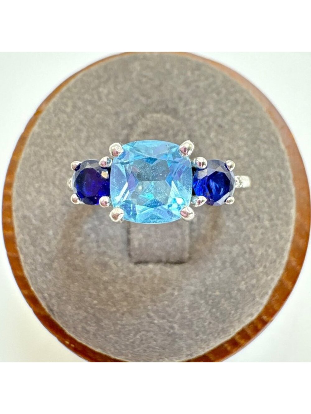 Synthetic Topaz and Sapphire Sterling Silver 925 Three Stone Ring Size 6